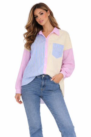 FASHION - KOSZULA DAMSKA W PASKI - ID8898 RÓŻOWA