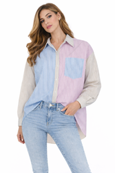 FASHION - KOSZULA DAMSKA W PASKI - ID8900 BRĄZOWA