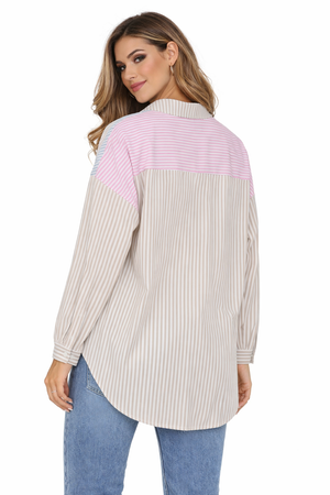 FASHION - KOSZULA DAMSKA W PASKI - ID8900 BRĄZOWA